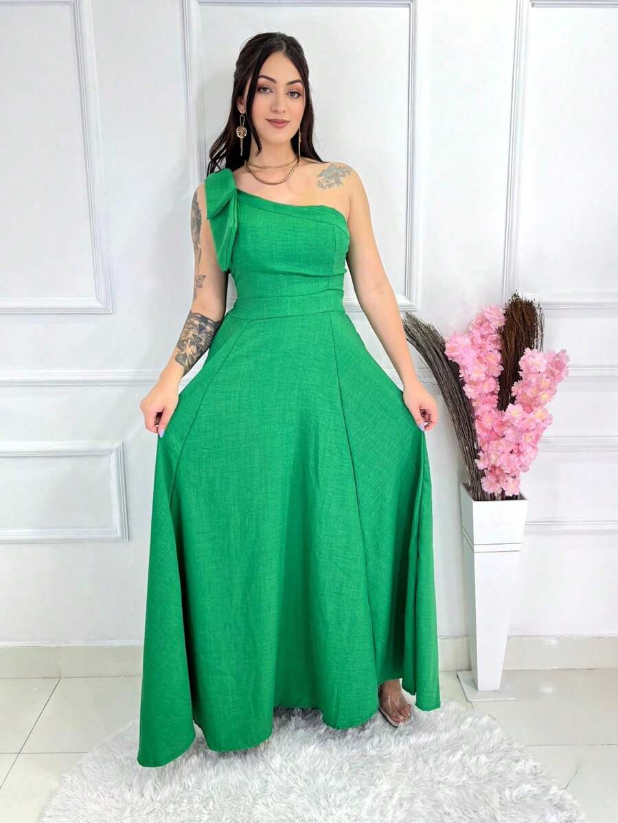 Long Plain Duna Linen Dress With Bow One Shoulder - Green - View 1