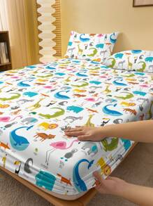 1pc Minimalist Modern Animal Party Printed Washed Fitted Sheet, Bedroom Printed Bed Cover, Bedding (Pillow Case Not Included) - Multicolor - View 1