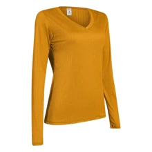 Kit Of 2 Women's Ribbed V-Neck Blouses With Elastane Long Sleeves - 芥末,酒 - 查看 2