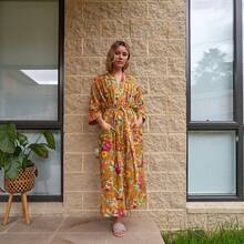 Women's Cotton Kimono Robe - Vibrant Flora Yellow