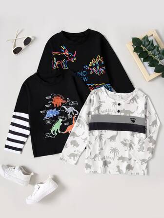 3pcs/Set Young Boy Casual Long Sleeve T-Shirt With Dinosaur Pattern, Cool