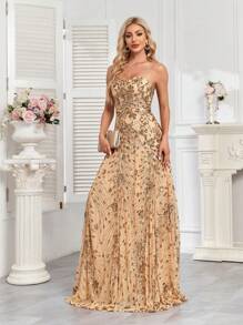 Elegante vestido de noche de lentejuelas sexy, estilo sirena largo, adecuado para bailes formales, fiestas de bodas de lujo, eventos de cóctel, también adecuado como invitado de boda, ceremonia de graduación, vestido de cena - Dorado - Ver 7