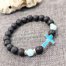 1 pieza Brazalete vintage de cuentas de cruz que se ilumina en la oscuridad de piedra volcánica, multicolor - Multicolor - Ver 7