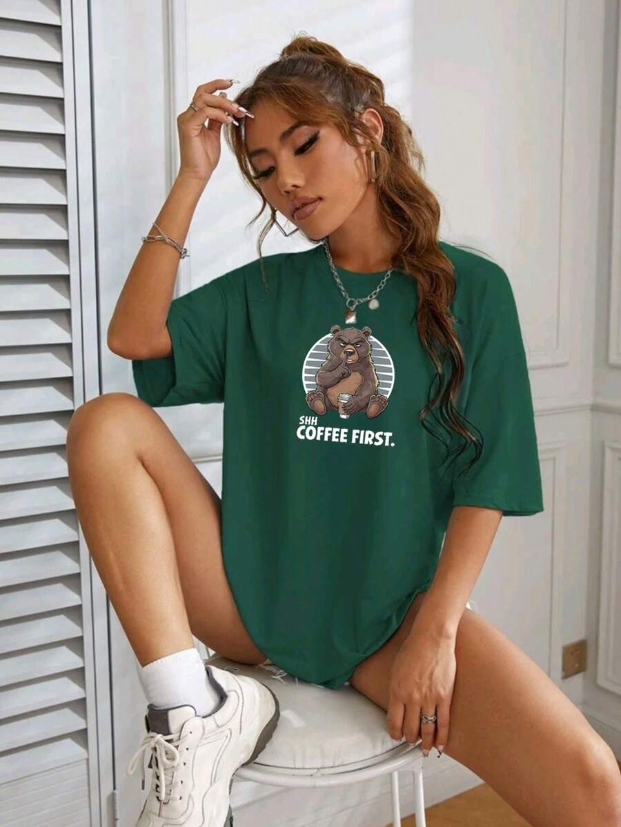 Oversized Women's Casual Off Shoulder 100% Cotton T-Shirt With Bear Print - xanh quân đội - Xem 1