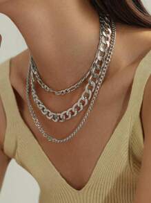 3pcs/Set Punk Style Silver Chunky Chain Necklaces For Women, Multi-Layer Choker Necklace Suitable For Daily Wear