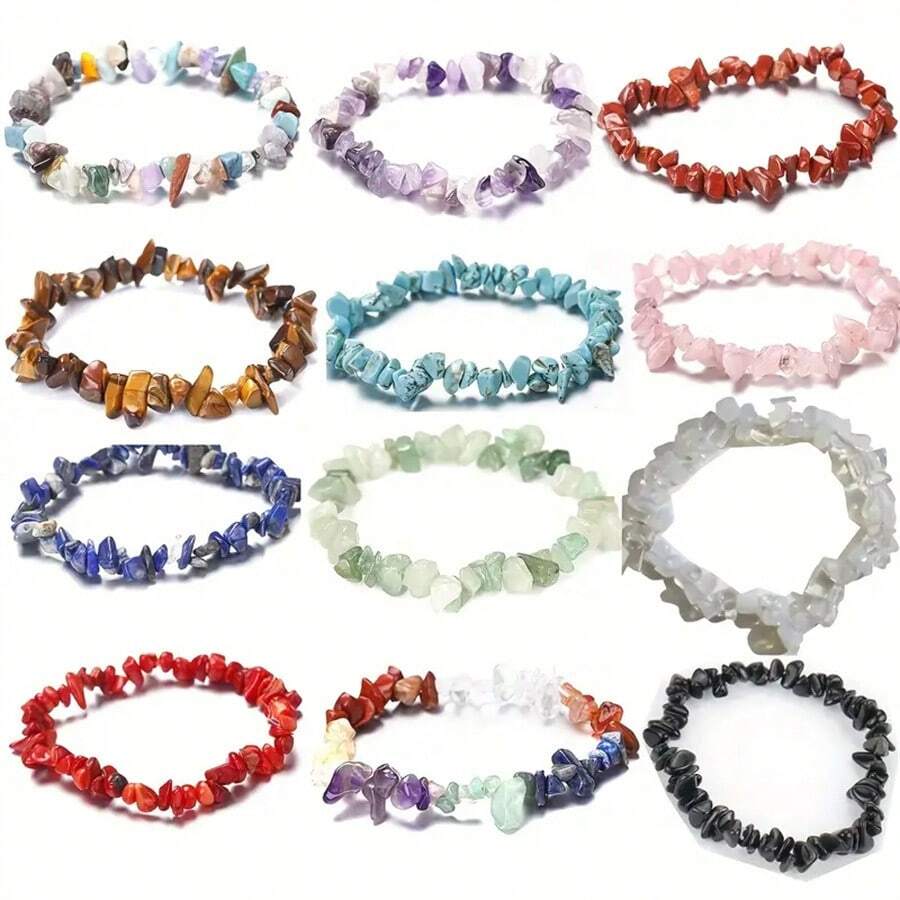 5/10 piezas Pulsera elástica de cuarzo cristal natural multicolor, pulsera ajustable de cuentas de piedras curativas para mujer, fiesta, yoga, regalo de joyería - Multicolor - Ver 1