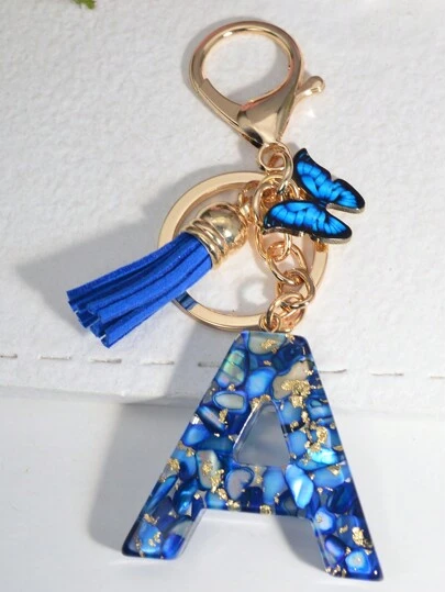 Boho 1pc English Letter Charm Keychain, Popular Butterfly Tassel Keyring For North America And Europe Gift Souvenir Car Accessories Bag Charm School Cute Goth Y2k