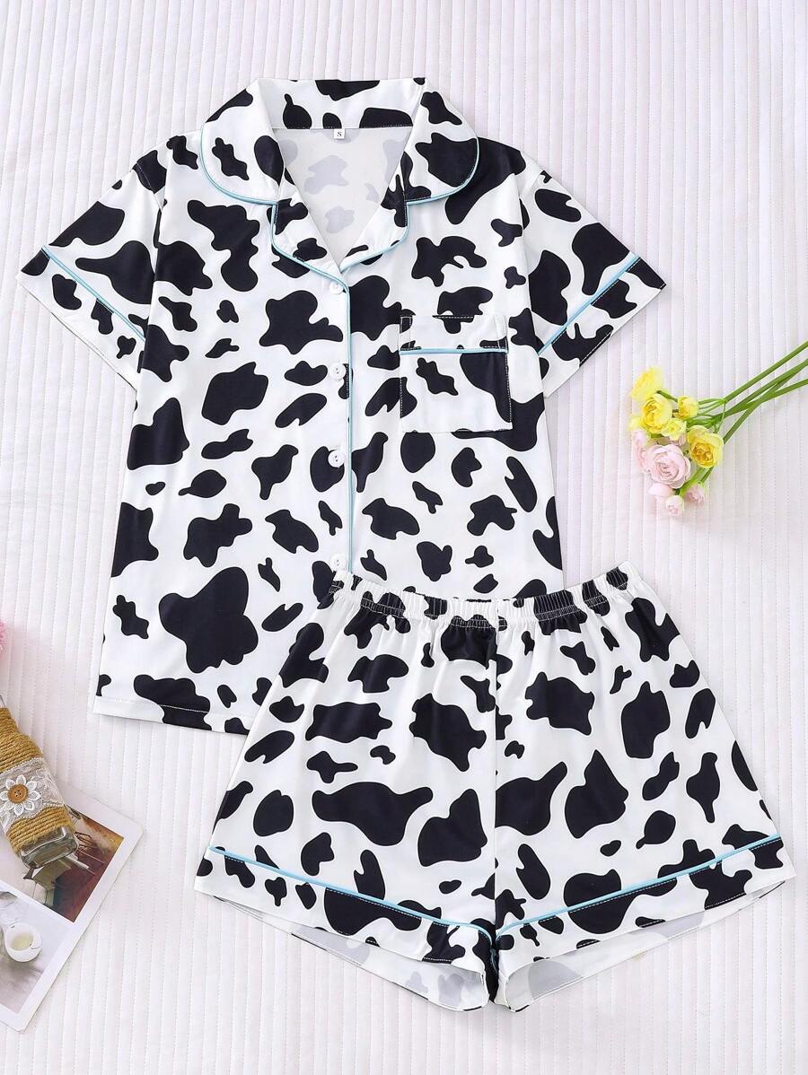 可爱奶牛印花女式睡衣套装，翻领短袖上衣和松紧腰短裤，女士休闲睡衣和家居服 - 黑與白 - 查看 1