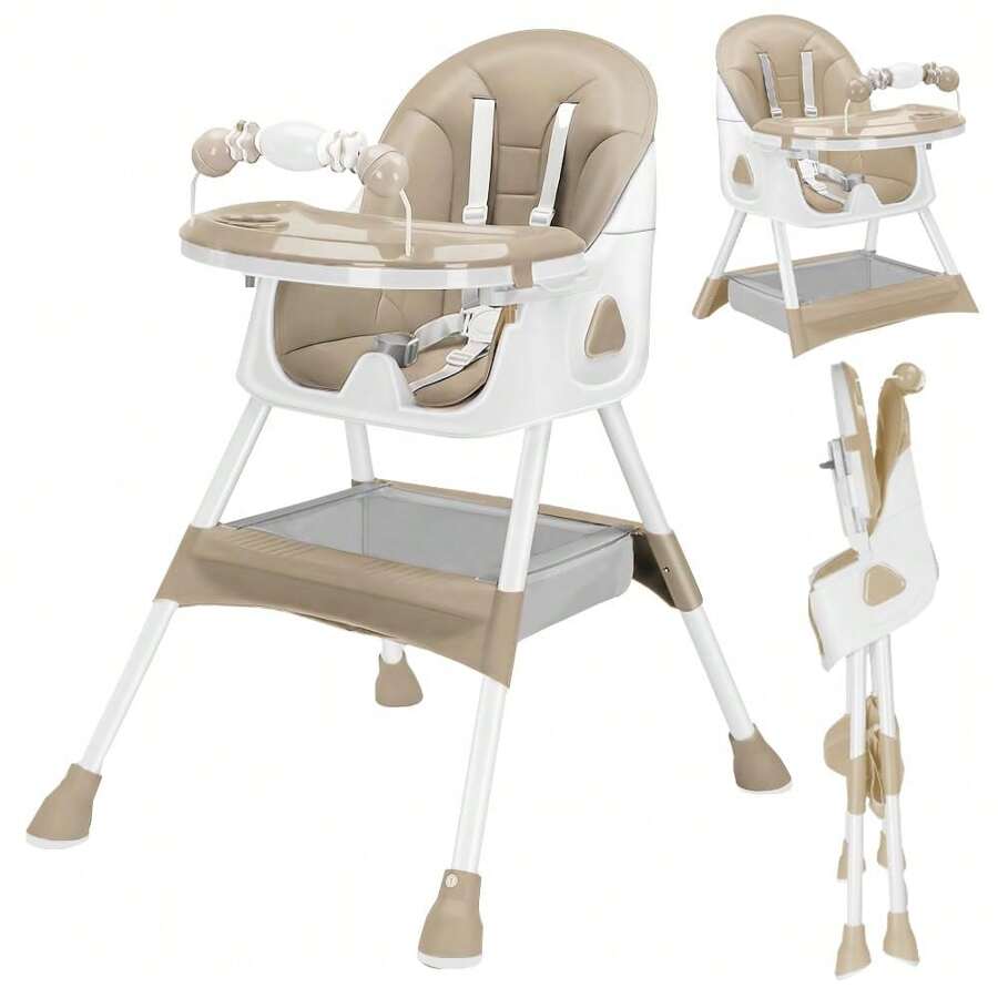 UBRAVOO Foldable Baby High Chair 6 Months Plus, With Large Antislip Pad & ToyRack, Easy To Clean Feeding - Khaki - View 1