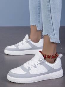 Women's White & Grey Athletic Sneakers, Classic Round Toe Lace-Up Party Shoes, Thick Sole Cushioned Comfortable Skateboarding Shoes, Holiday & Birthday Gift, Student Shoes - 白灰 - 查看 5