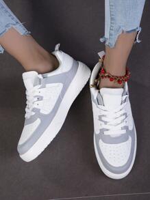 Women's White & Grey Athletic Sneakers, Classic Round Toe Lace-Up Party Shoes, Thick Sole Cushioned Comfortable Skateboarding Shoes, Holiday & Birthday Gift, Student Shoes - 白灰 - 查看 2