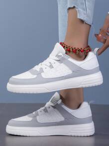 Women's White & Grey Athletic Sneakers, Classic Round Toe Lace-Up Party Shoes, Thick Sole Cushioned Comfortable Skateboarding Shoes, Holiday & Birthday Gift, Student Shoes - 白灰 - 查看 4