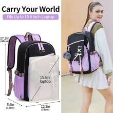 青少年可爱书包双肩背包尼龙面料女孩书包，大容量防溅 - 紫色 - 查看 3