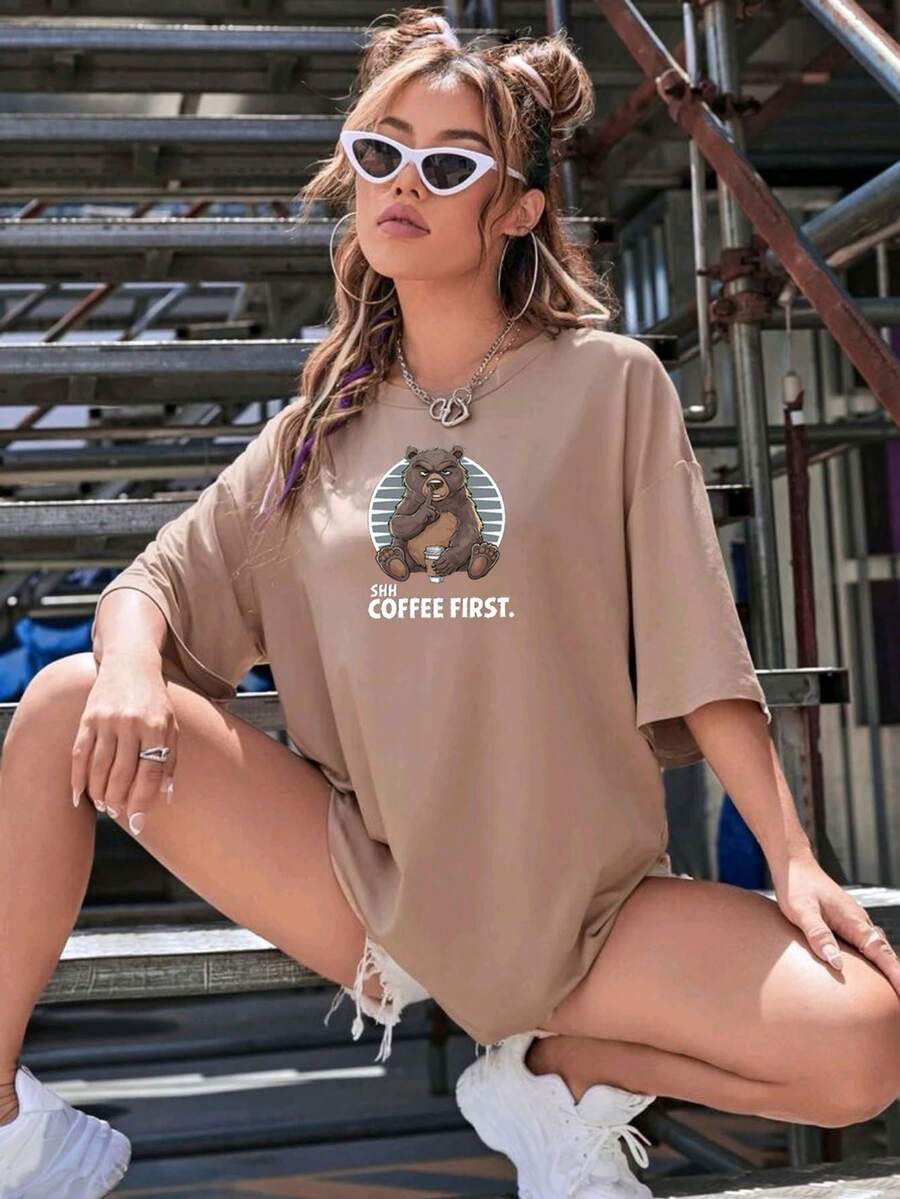 Oversized Women's Casual Off Shoulder 100% Cotton T-Shirt With Bear Print - Màu Khaki - Xem 1
