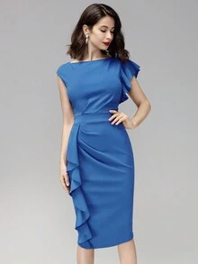 MIUSOL Đầm dự tiệc cocktail màu trơn, vạt xếp ly bất đối xứng. - Màu xanh lam - Xem 4