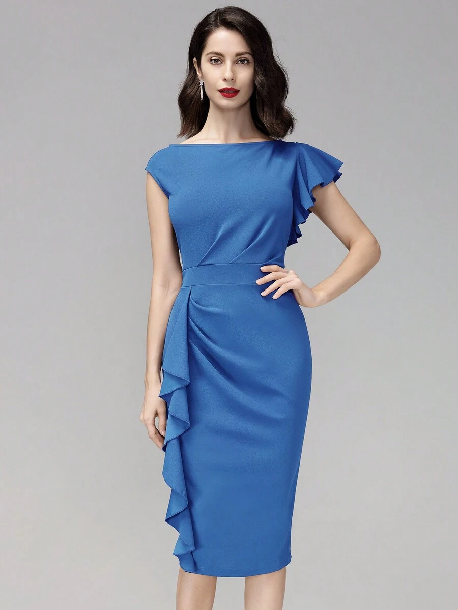 MIUSOL Đầm dự tiệc cocktail màu trơn, vạt xếp ly bất đối xứng.