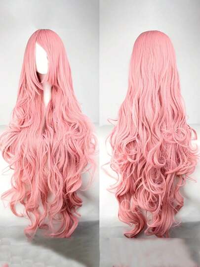 Pink Wavy Synthetic Wig With Bangs For Fashion Women, 30 Inch Extra Long Hair Anime Cosplay Wig With A Long Fringe For Party Costume Music Festivals Use, Soft Fluffy Stylish Heat Resistant Wig, Natural Looking Beginner Friendly, Versatile And Comfortable Pink Wig For Beauty Elegant Women Birthday Gifts For Mother's Day Christmas Decorations