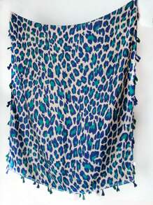 1pc Simple Leopard Print Scarf, Fashion Women Silk Shawl With Fringe, Versatile Lightweight Wrap Winter Fall - Cadet Blue - View 3