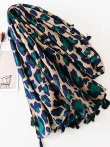 1pc Simple Leopard Print Scarf, Fashion Women Silk Shawl With Fringe, Versatile Lightweight Wrap Winter Fall - Cadet Blue - View 2