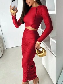 秋冬季女士短裙两件套长袖短款上衣褶皱长裙套装紧身性感优雅服装