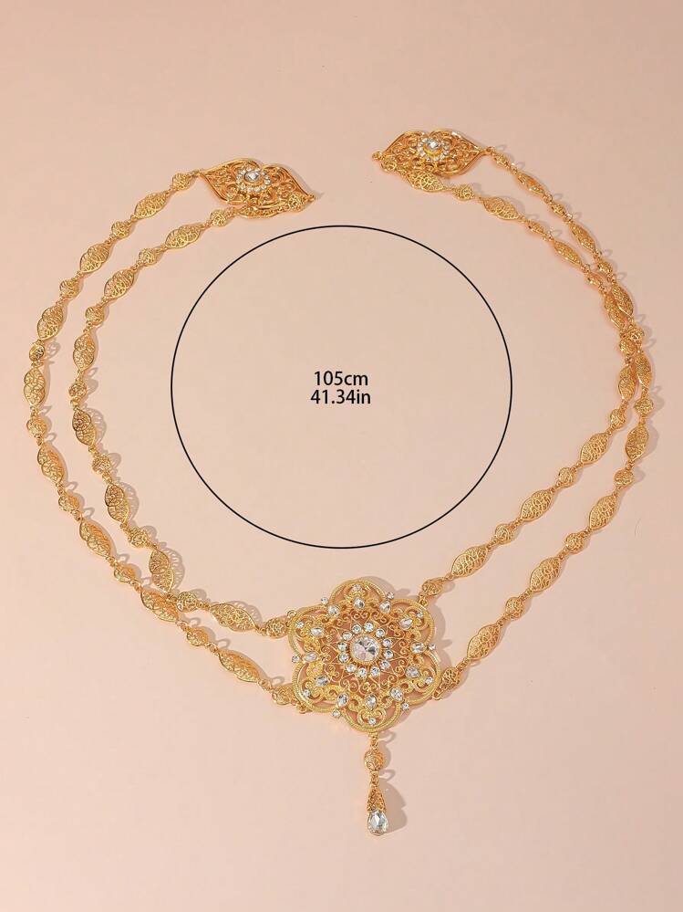 A New Gold Zinc Alloy Material Is Designed With Hollow Petal Pattern Inlaid With Multicolor Large Gemstone Style Water Drop Gemstone Hanging A  Bride Back Chain Suitable For Wedding Occasions To Wear To The Wedding Party Birthday Party Dance A Body ChainFlower Modeling - Gold and White - View 3