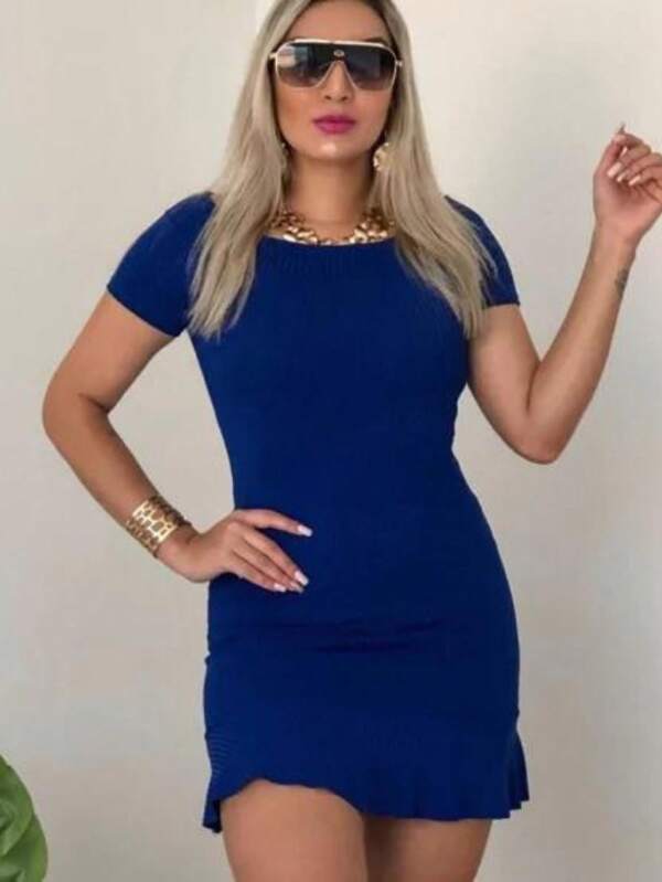 Vestido canelado babado em baixo moda 2024