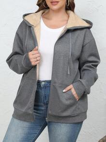Chaqueta deportiva de mujer con capucha, bolsillos y forro polar grueso para clima cálido de invierno - Gris Oscuro - Ver 5