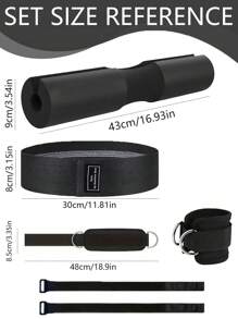 1 kit de almohadilla para barra que consta de 2 correas para tobillos, 1 banda de tensión de resistencia, 1 almohadilla para hombros, 1 bolsa de almacenamiento para almohadilla de hombros y 2 ataduras para sentadillas hip thrust, ejercicio, entrenamiento con pesas