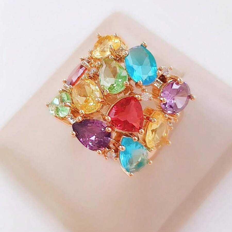 6 POINT ZIRCONIA RING 11 CRYSTALS COLORS VARIOUS SHAPES GOLD PLATED - Nhiều màu - Xem 1