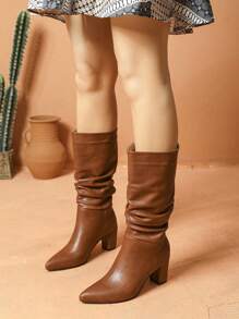 Fall/Winter Women's Fashion Pointed Toe Knee-High Heeled Boots, Brown Color For Casual & Holiday Wear - Coffee Brown - View 3