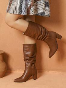 Fall/Winter Women's Fashion Pointed Toe Knee-High Heeled Boots, Brown Color For Casual & Holiday Wear - Coffee Brown - View 4