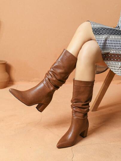 Fall/Winter Women's Fashion Pointed Toe Knee-High Heeled Boots, Brown Color For Casual & Holiday Wear