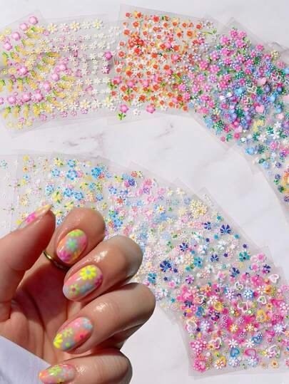 10pcs Floral Nail Art Fake Nails Most Popular Nail Color Stickers Decals Colorful Flower Nail Stickers Rhinestones And Ornaments 3D Self-Adhesive Cute Daisy Floral Nail Decals Heart-Shaped Nail Supplies Nail Design Decorative Accessories For Ladies And Girls Nail Art