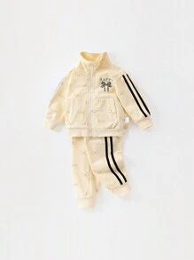 2 件套年轻女孩运动蝴蝶结印花长袖拉链夹克和长裤套装，秋季/春季