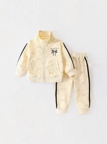 2 件套年轻女孩运动蝴蝶结印花长袖拉链夹克和长裤套装，秋季/春季