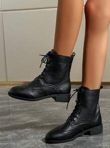 秋冬女士时尚复古 Marcus 雕花拼布系带舒适踝靴，圣诞节的完美搭配，节日季必备单品，女士靴子 - 黑色 - 查看 7