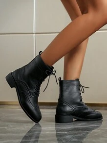 秋冬女士时尚复古 Marcus 雕花拼布系带舒适踝靴，圣诞节的完美搭配，节日季必备单品，女士靴子 - 黑色 - 查看 6