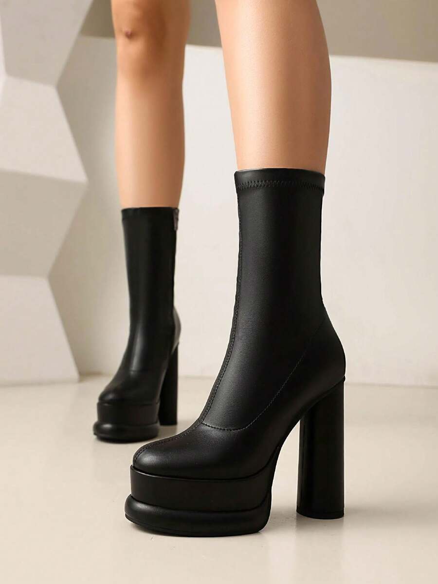 女士侧拉链经典套穿踝靴，侧拉链设计，黑色紧身弹力靴超高跟日常短靴 - 黑色 - 查看 1