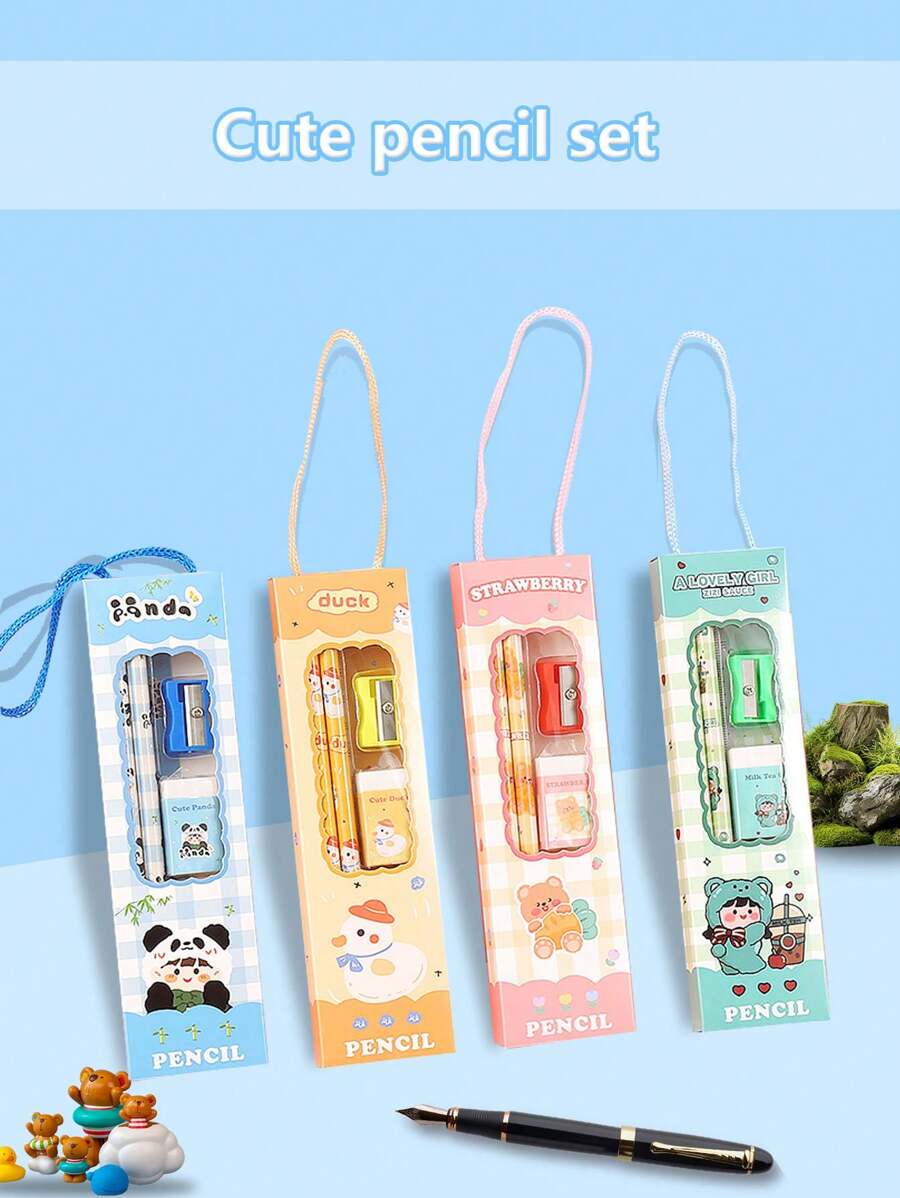 5pcs/Set Cartoon Design Pencil Case & Stationery Gift Set, Comes With Strap (Random Color) - Multicolor - View 1