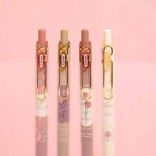 4pcs Rose And Poem Gel Pens Set Retro Flower Design 0.5mm Ballpoint Black Color Ink For Writing Office School - Black - View 5