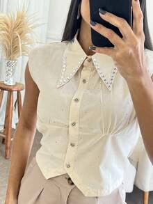 Women's Tank Top With Rhinestones - 米色 - 查看 6