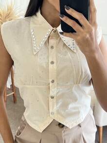 Women's Tank Top With Rhinestones - 米色 - 查看 5