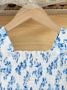 年轻女孩蓝色花卉荷叶边领短袖衬衫，透气休闲夏季上衣 - 彩色 - 查看 5