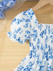 年轻女孩蓝色花卉荷叶边领短袖衬衫，透气休闲夏季上衣 - 彩色 - 查看 7