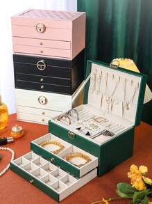 1pc Diamond Pattern Multi-Layer Large Capacity Drawer Style Lockable Jewelry Box For Necklace, Earrings Storage. Perfect Gift For Valentine'S Day, Mother'S Day Back To School