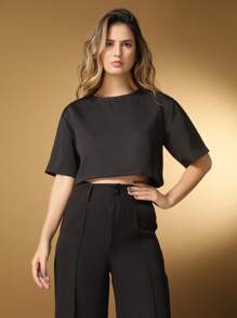 Conjunto feminino de alfaiataria blusa manga curta com calça reta ótimo para usar no trabalho dia a dia casual premium acabamento pespontado - Preto - Visão 7