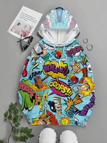 Men's Retro Cartoon Style All-Over Letter Print Drawstring Hoodie, For Fall, Long Sleeve Top - Multicolor - View 2