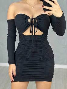 Ruched Long Sleeve  Short Ribbed Dress - Black - View 2