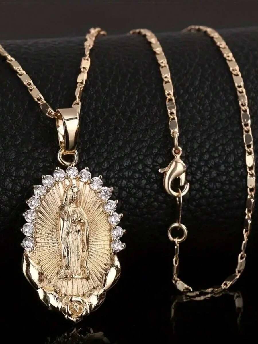 1pc Minimalist Religious Element Oval Virgin Mary Pendant Necklace, Unisex European American Style Christian Amulet Jewelry Suitable For Everyday Wear