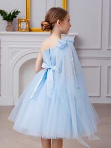 Young Girl Lace Trim Mesh Tulle Light Blue Party Dress, Elegant Princess Gown Suitable For Girl Birthday Party, Wedding, Prom, Festival Celebration, Flower Girl Dress - Baby Blue - View 2